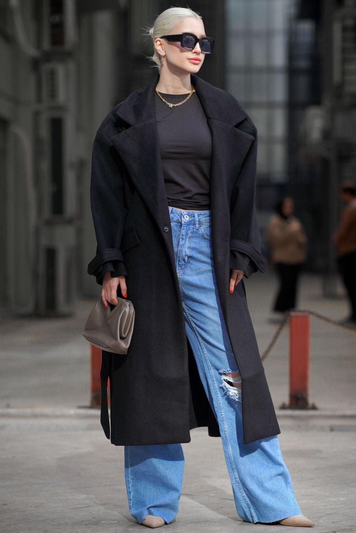 Siyah Oversize Uzun Kadın Kaban SH218