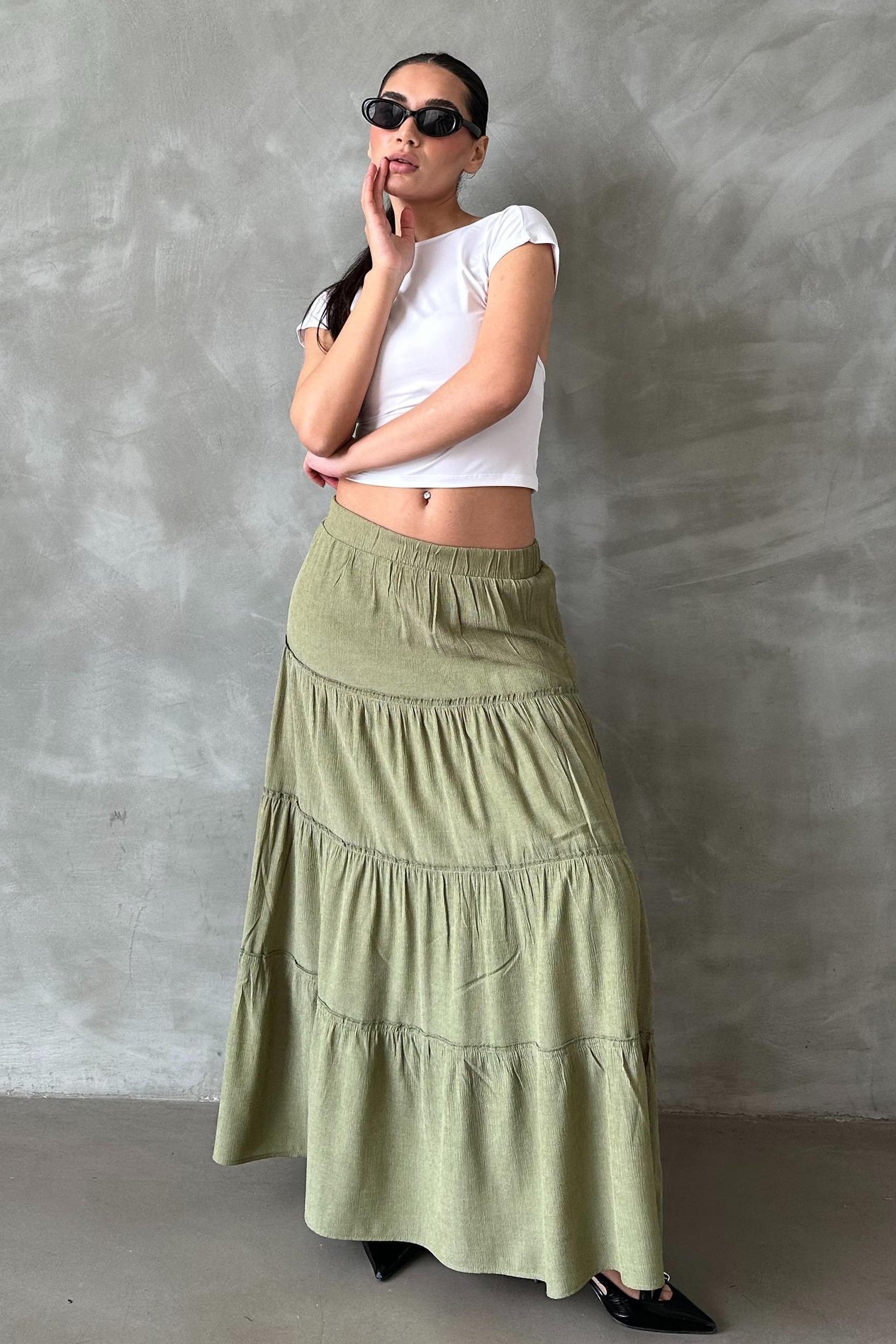 Yeşil Basic Uzun Pileli Etek SH159