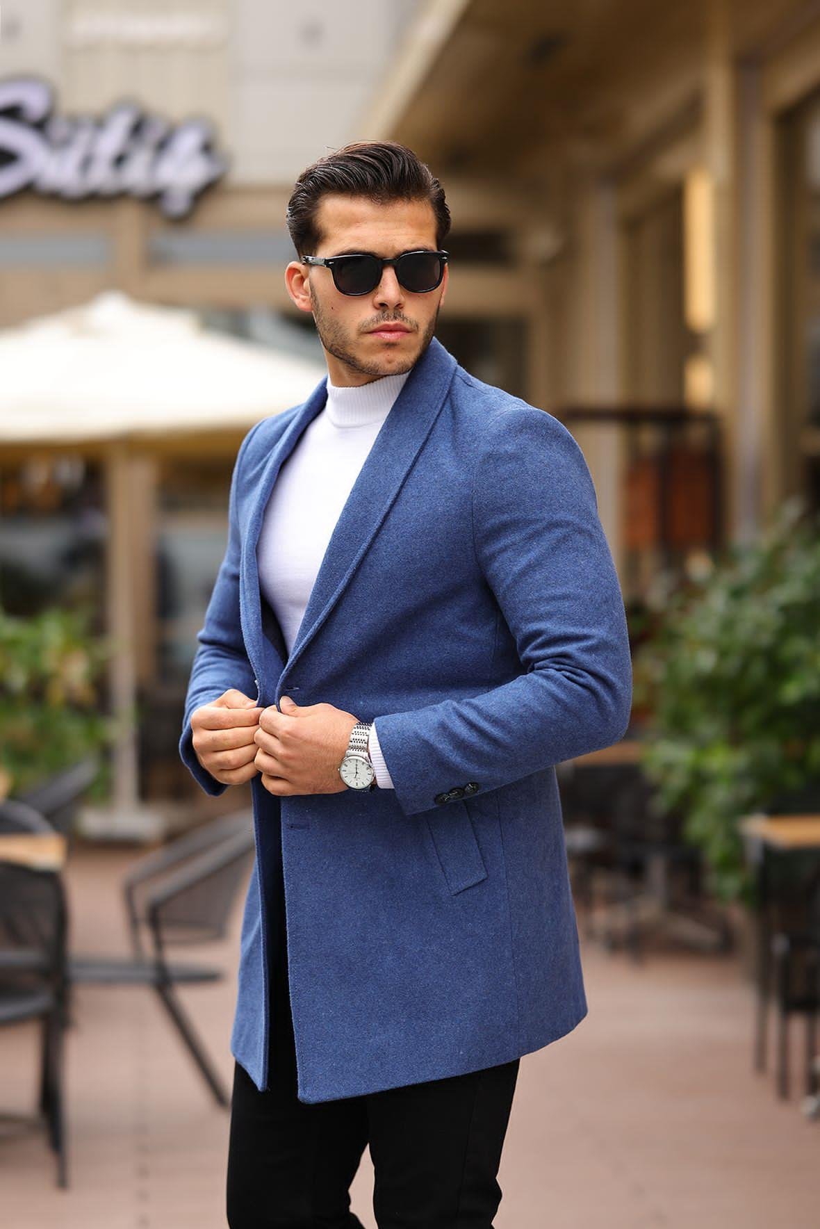 Erkek Mavi Slim Fit Klasik Kaşe Kaban