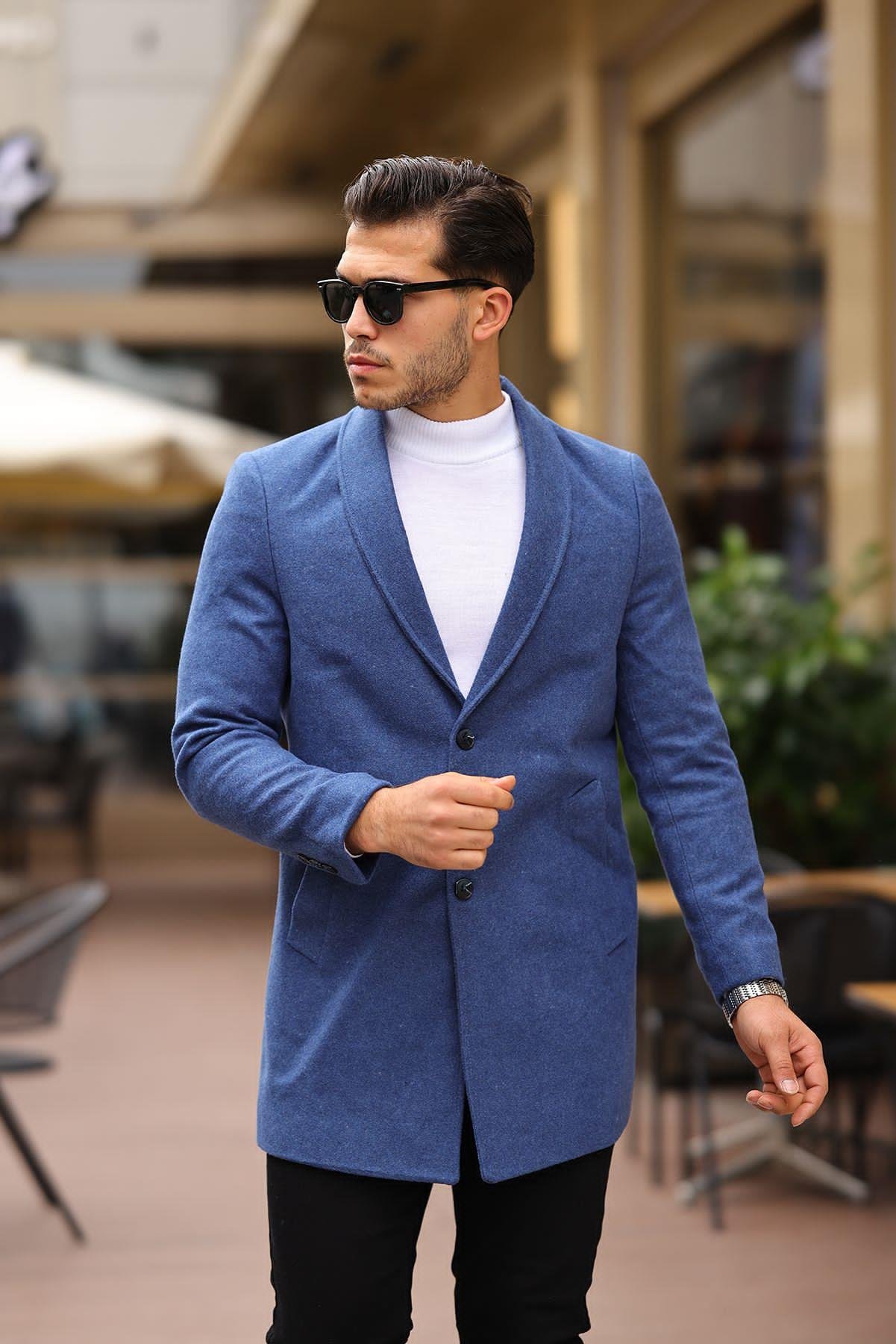 Erkek Mavi Slim Fit Klasik Kaşe Kaban