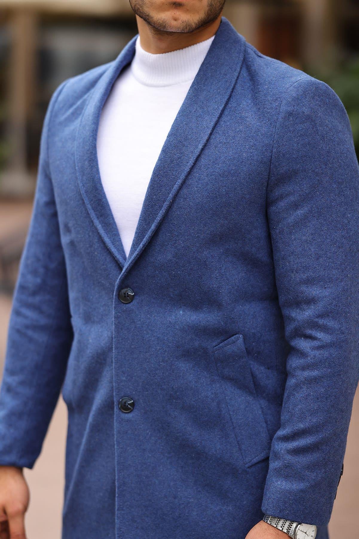 Erkek Mavi Slim Fit Klasik Kaşe Kaban