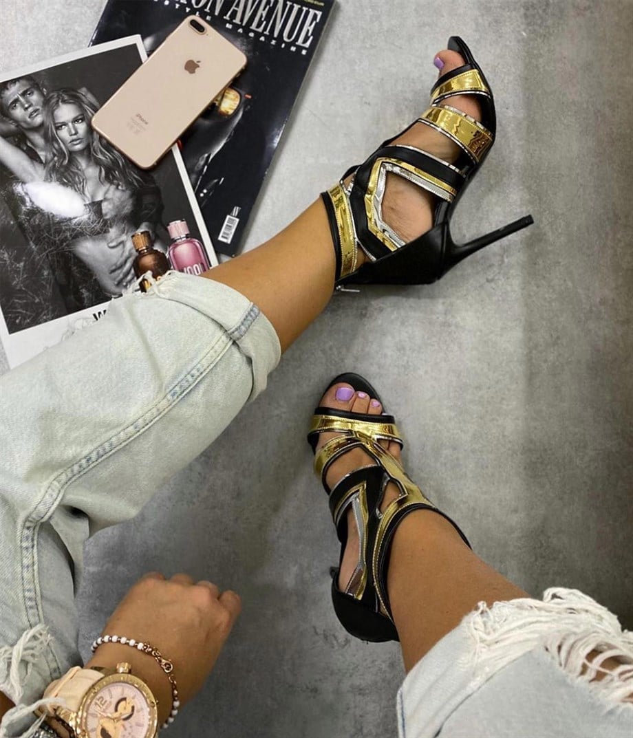 Artemis Black and Gold Strappy Stiletto Block Sandals Open Toe High Heel 