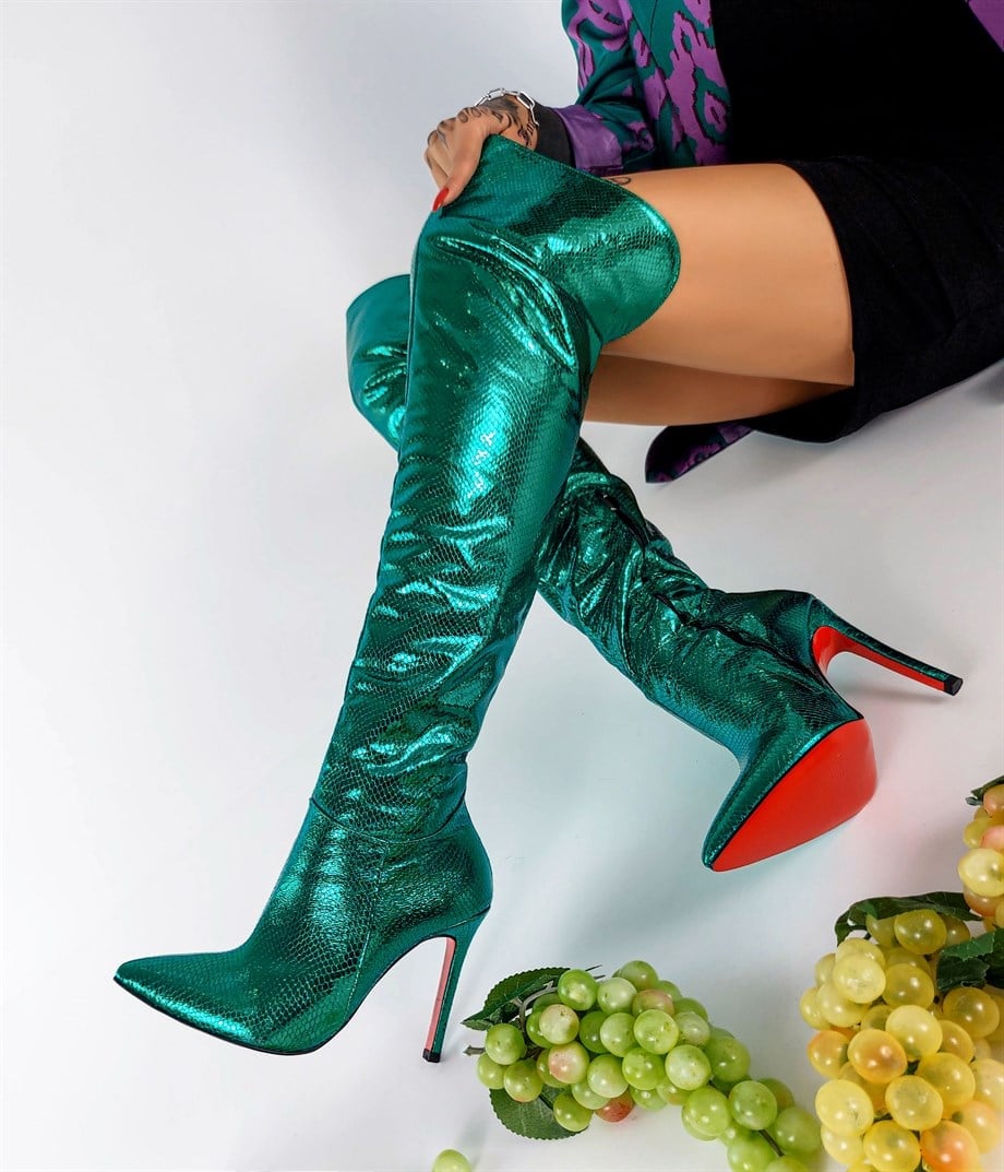 Morena Green Pointy Toe High Heel Over The Knee  Boots