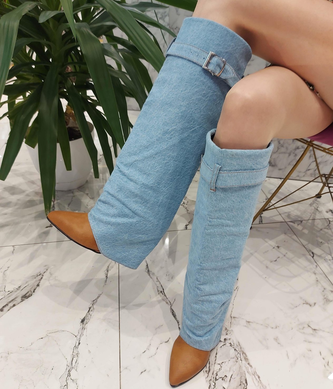 Scarlet Denim & Taba Dolgu Topuk Çizme