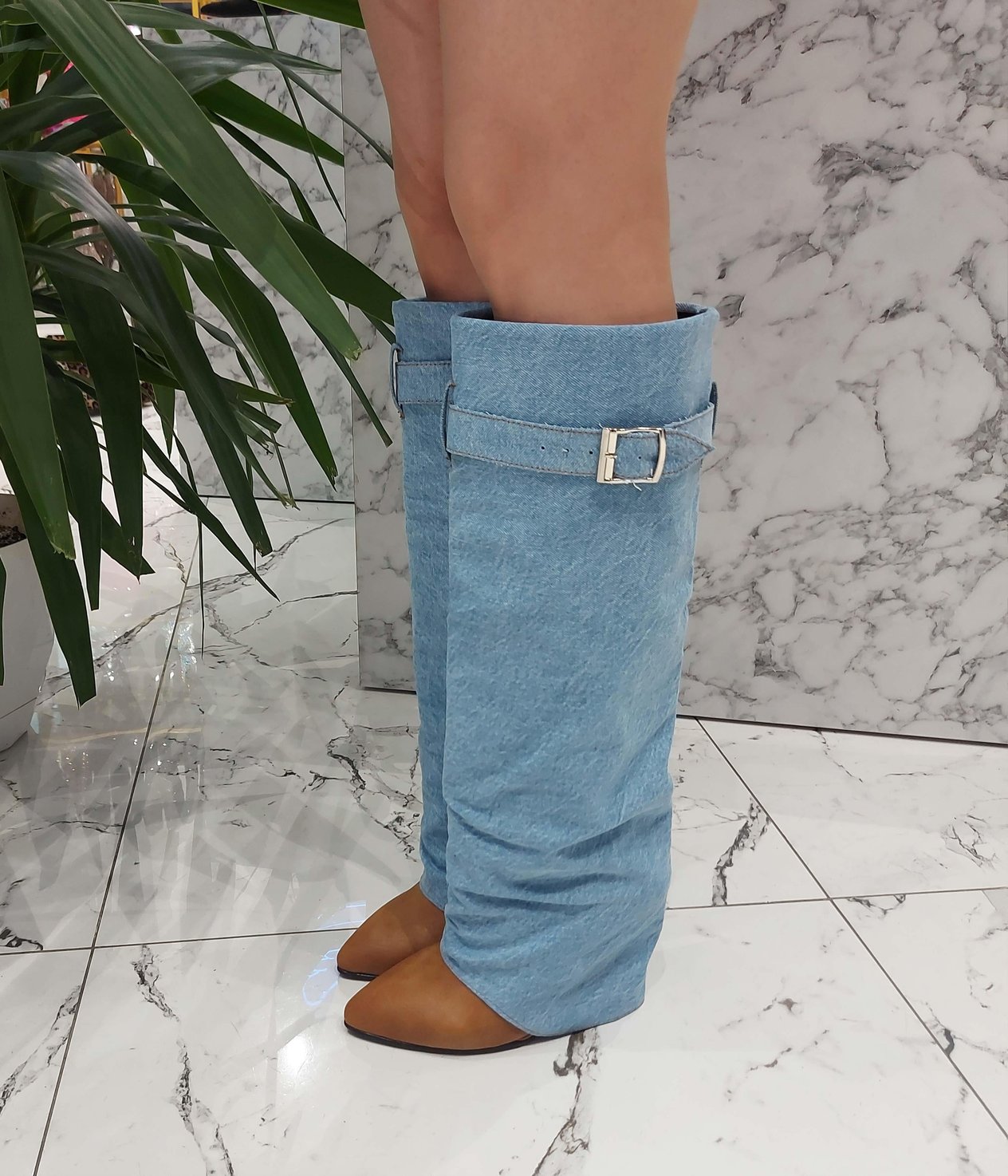 Scarlet Denim & Taba Dolgu Topuk Çizme