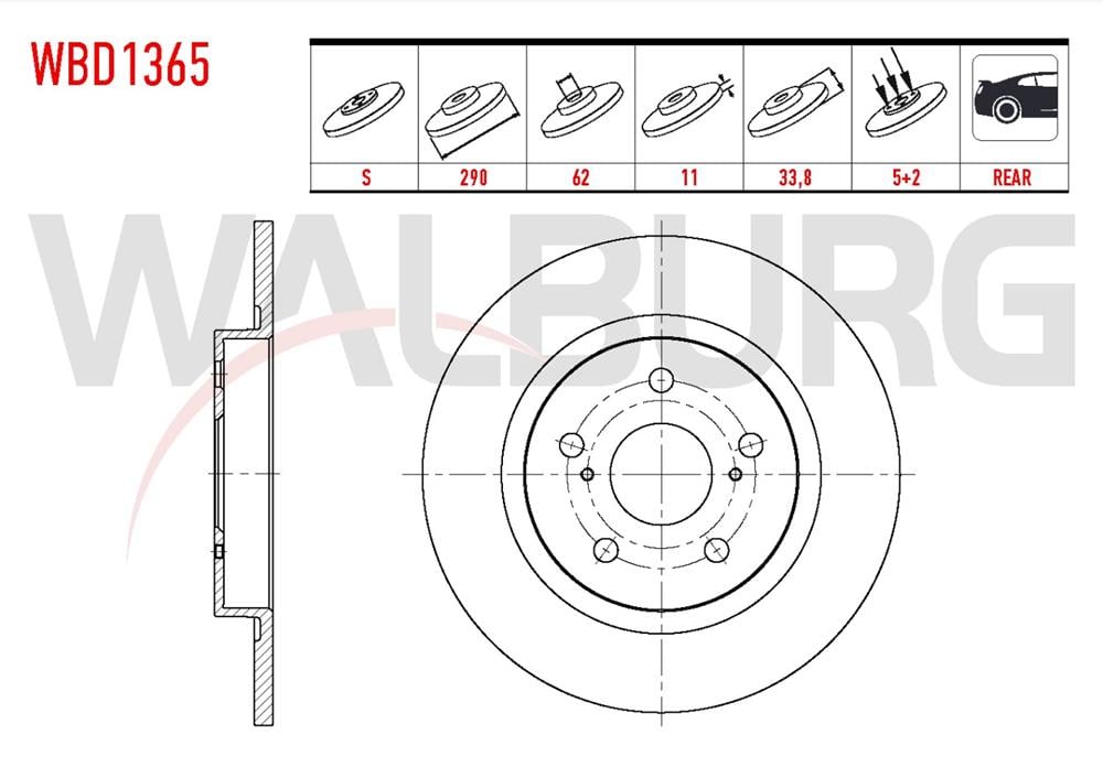 TOYOTA AVENSİS 09=> ARKA FREN DİSKİ 290MM 5 BİJON (WALBURG)