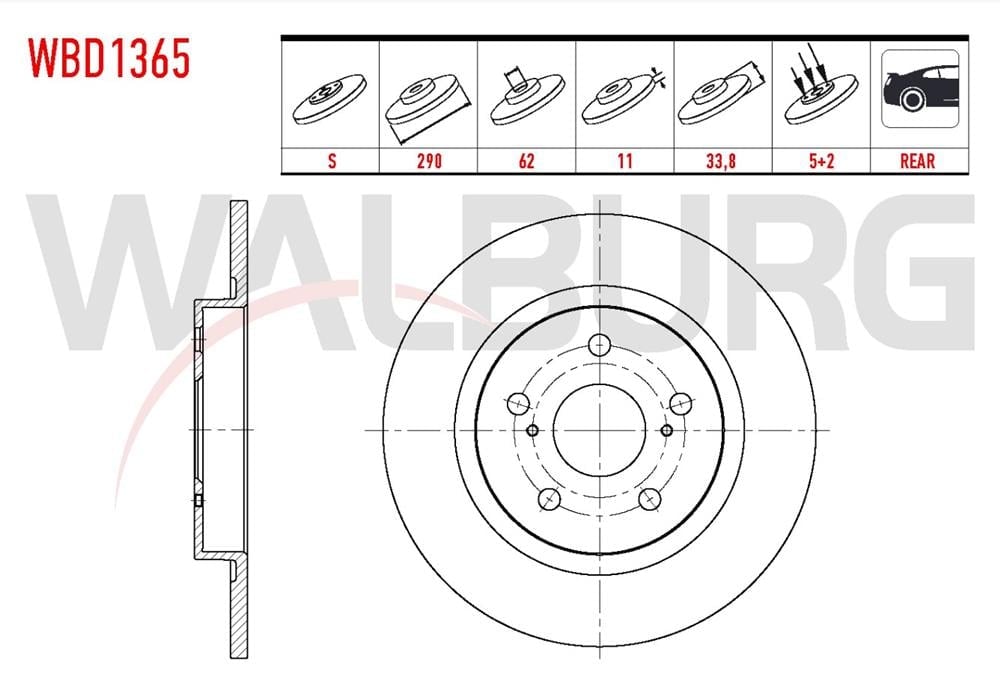 TOYOTA AVENSİS 09=> ARKA FREN DİSKİ 290MM 5 BİJON (WALBURG)