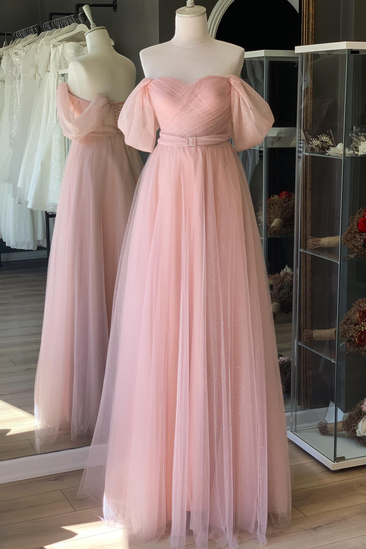 Pudra Simli Drapeli Maxi Kemer Detaylı Transparan Abiye ve Gece Elbisesi