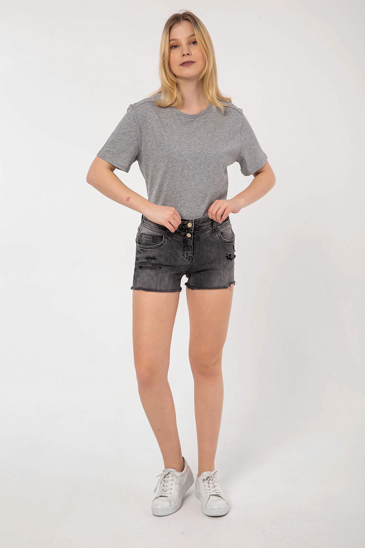 FINGER PRINTYıpratma Detaylı Siyah Denim Şort
