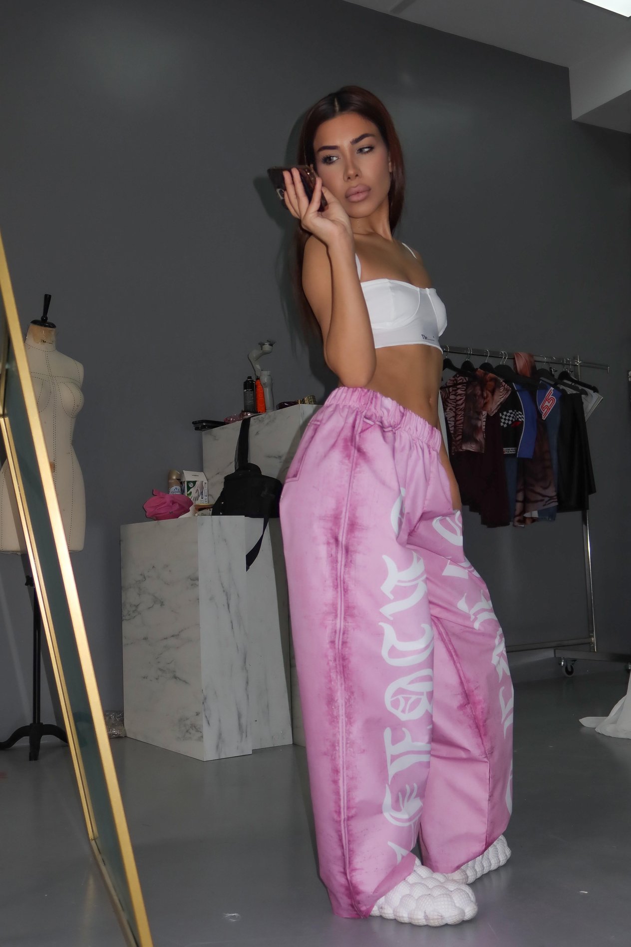 Bel Lastikli Baskılı Paraşüt Pembe Pantolon