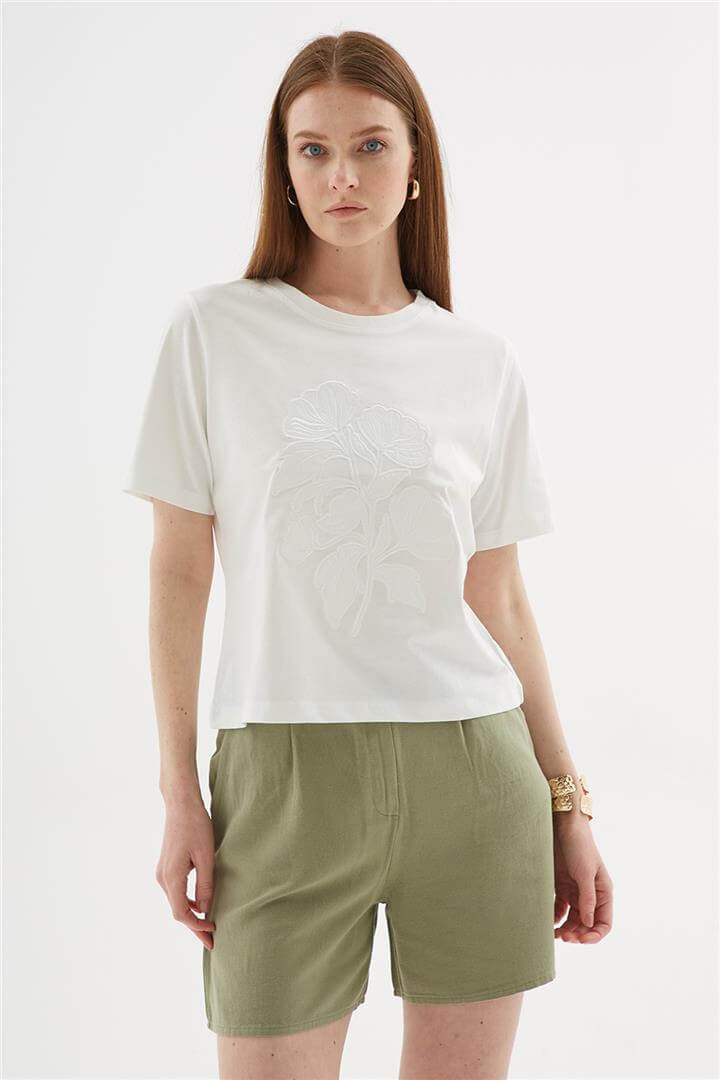 Aplikeli %100 pamuklu Bluz Ekru | Fashion Friends