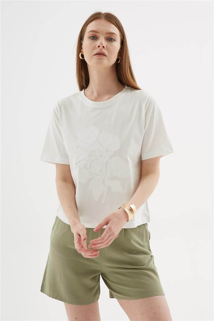 Aplikeli %100 pamuklu Bluz Ekru | Fashion Friends