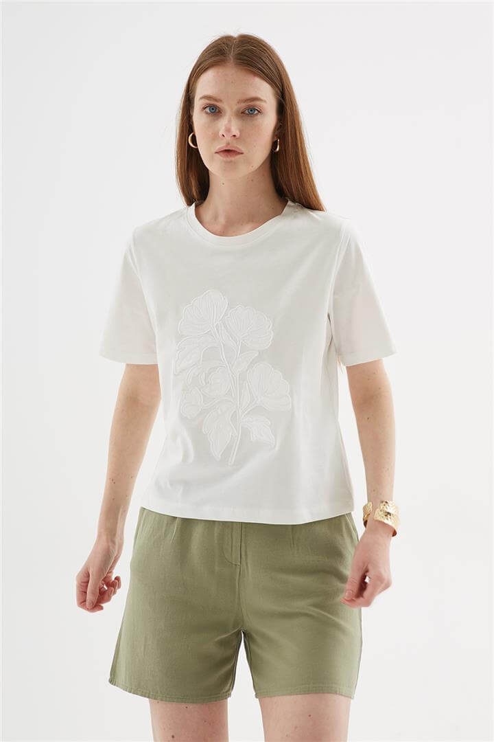 Aplikeli %100 pamuklu Bluz Ekru | Fashion Friends
