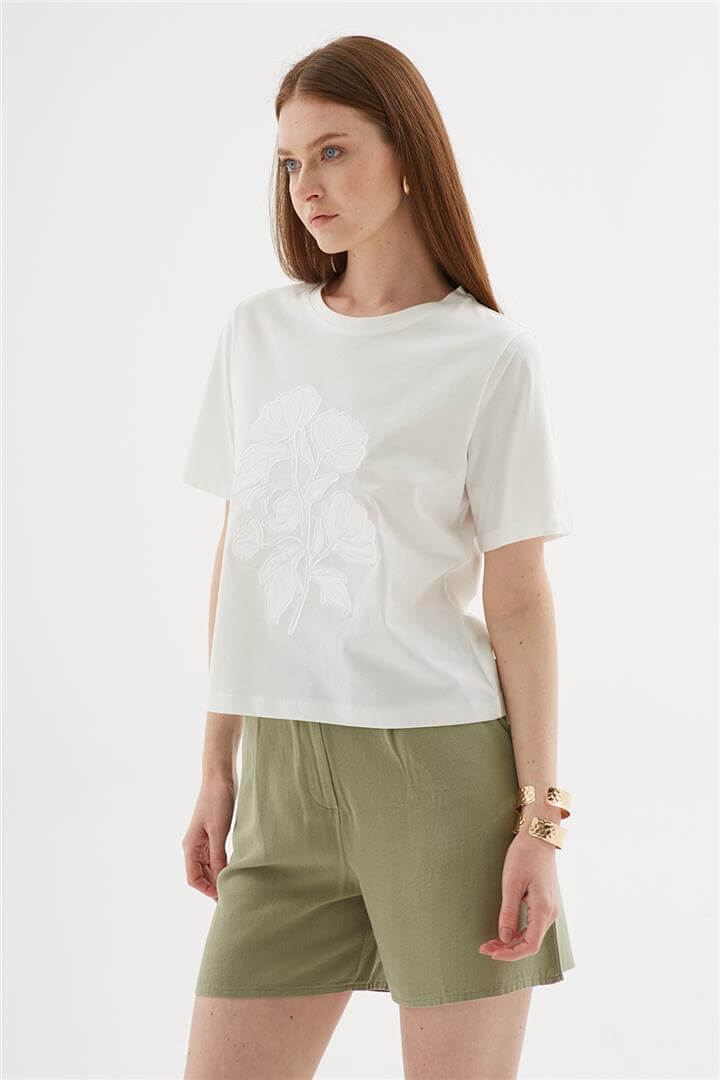 Aplikeli %100 pamuklu Bluz Ekru | Fashion Friends