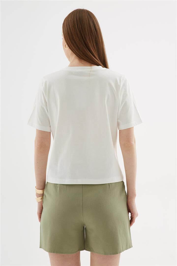 Aplikeli %100 pamuklu Bluz Ekru | Fashion Friends
