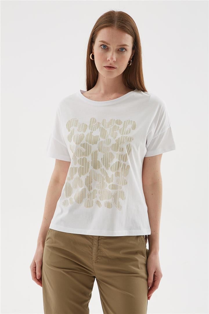 Baskılı %100 pamuklu Bluz Beyaz | Fashion Friends