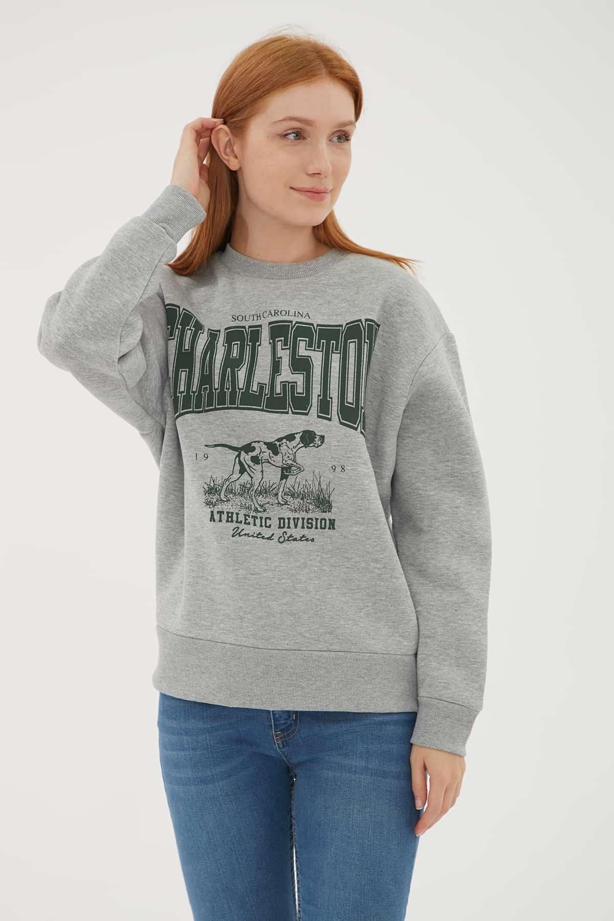 Baskılı Sweat Gri Melanj | Fashion Friends