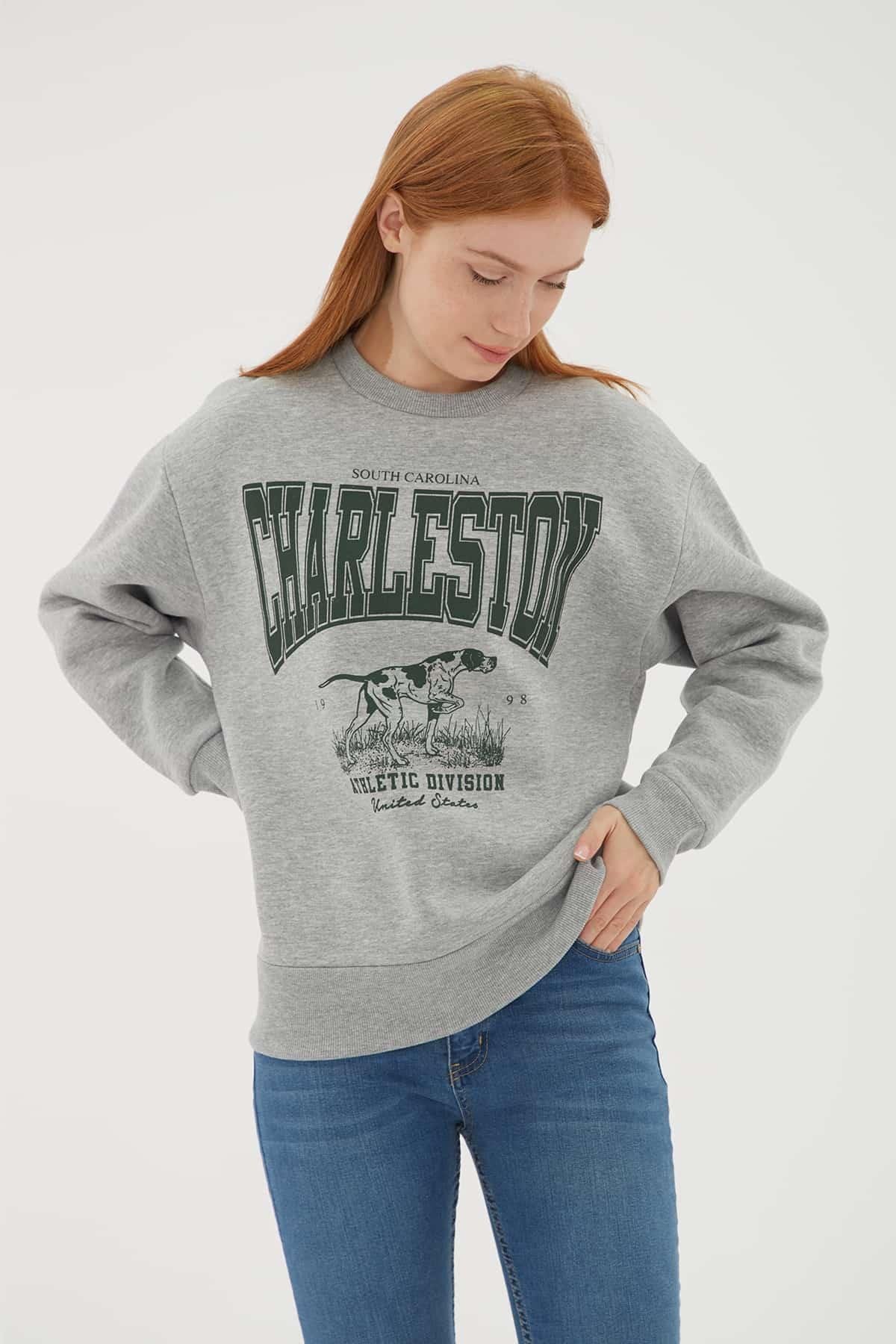 Baskılı Sweat Gri Melanj | Fashion Friends