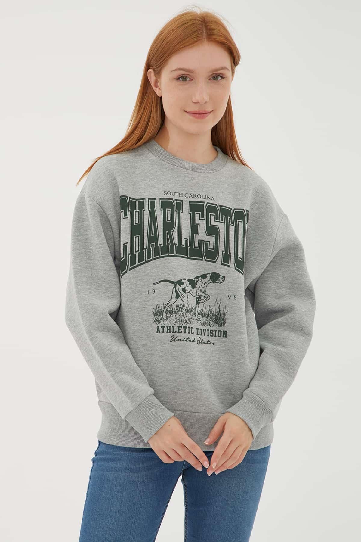 Baskılı Sweat Gri Melanj | Fashion Friends