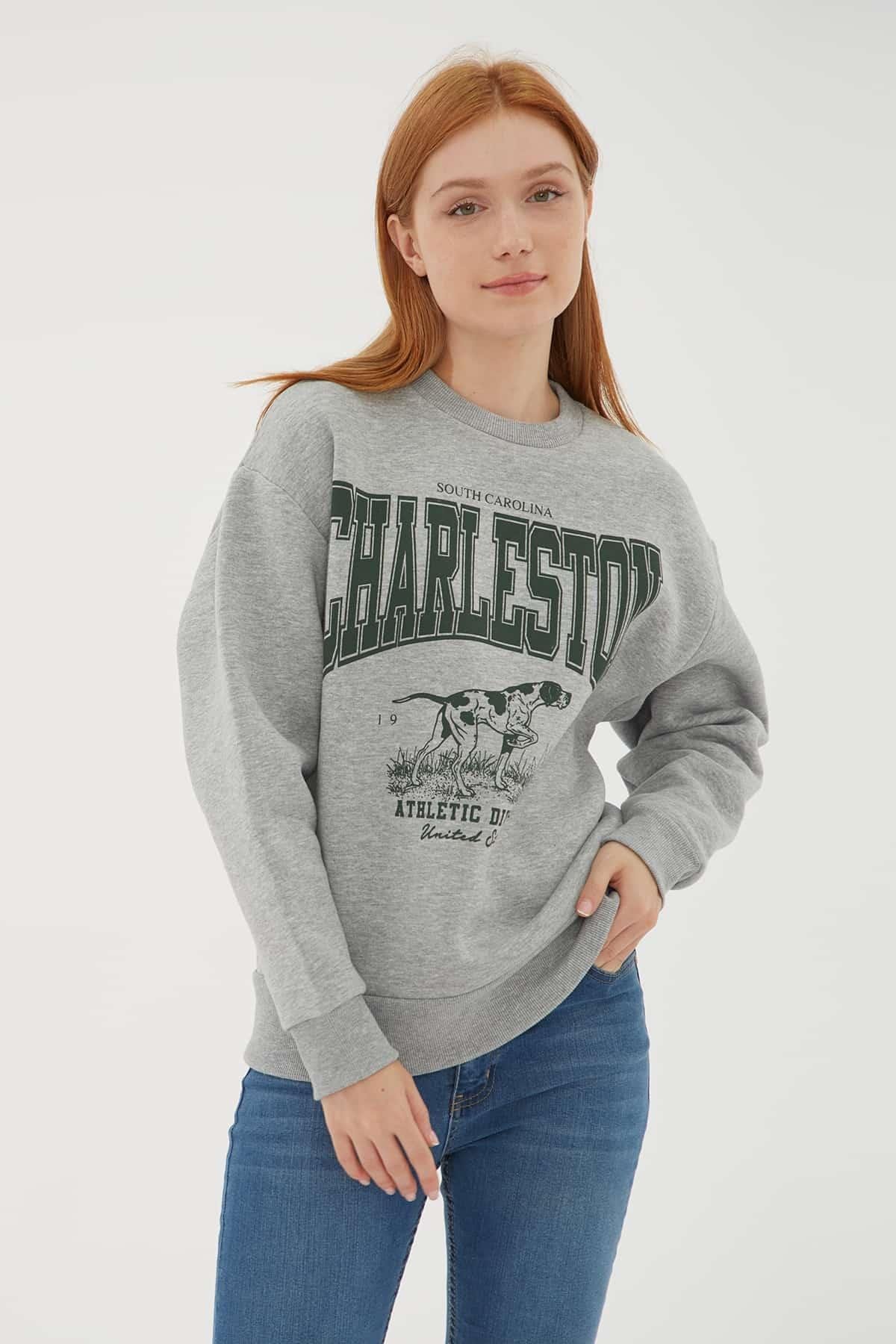 Baskılı Sweat Gri Melanj | Fashion Friends