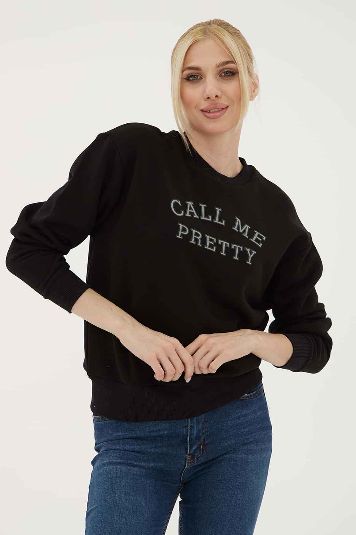 Baskılı Sweat Siyah | Fashion Friends