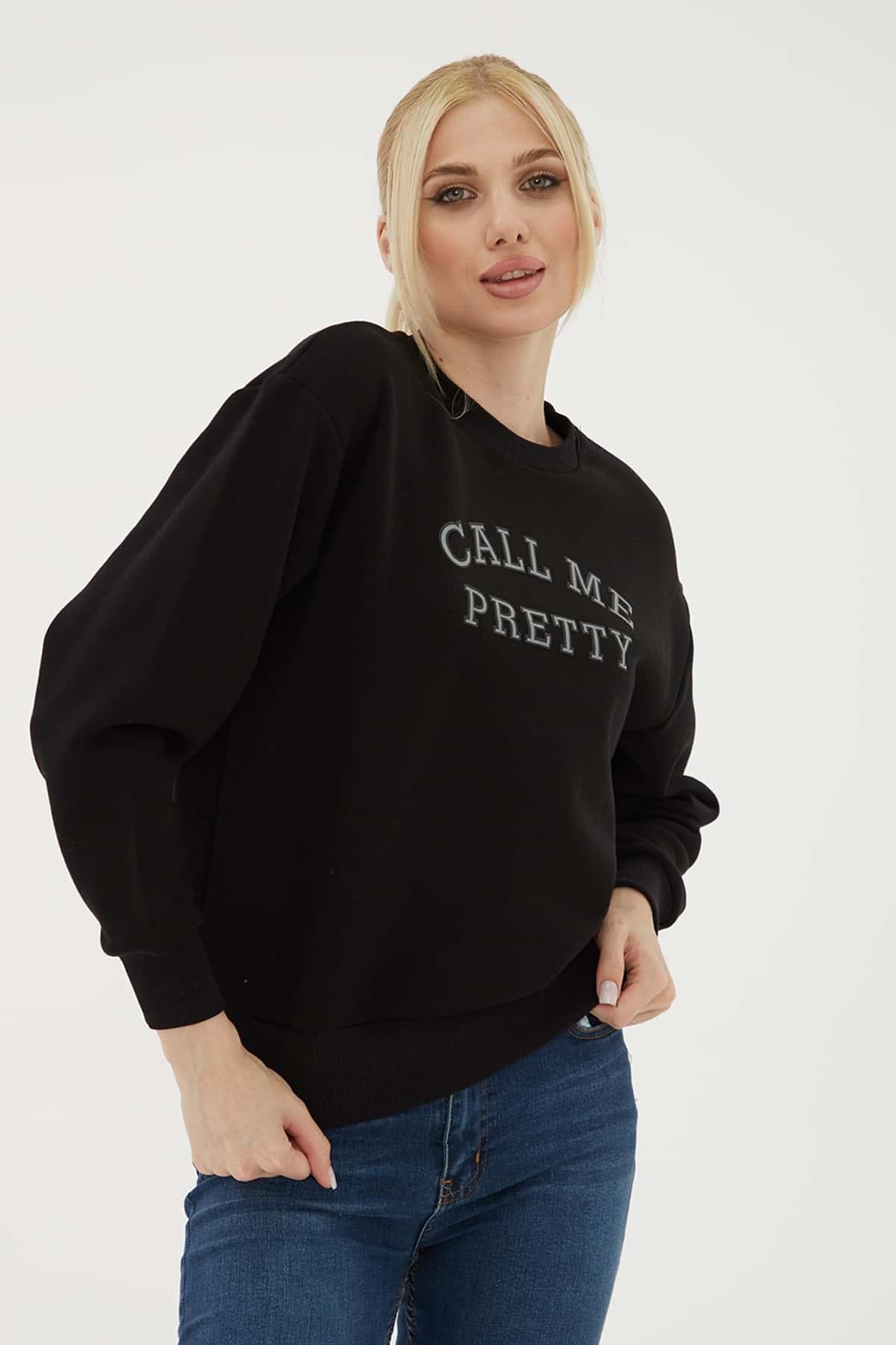 Baskılı Sweat Siyah | Fashion Friends
