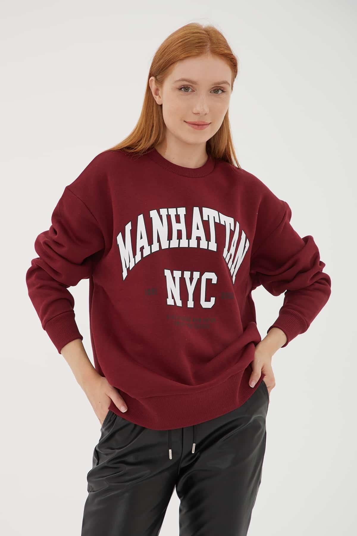 Bisiklet Yaka Baskılı Sweat Bordo | Fashion Friends