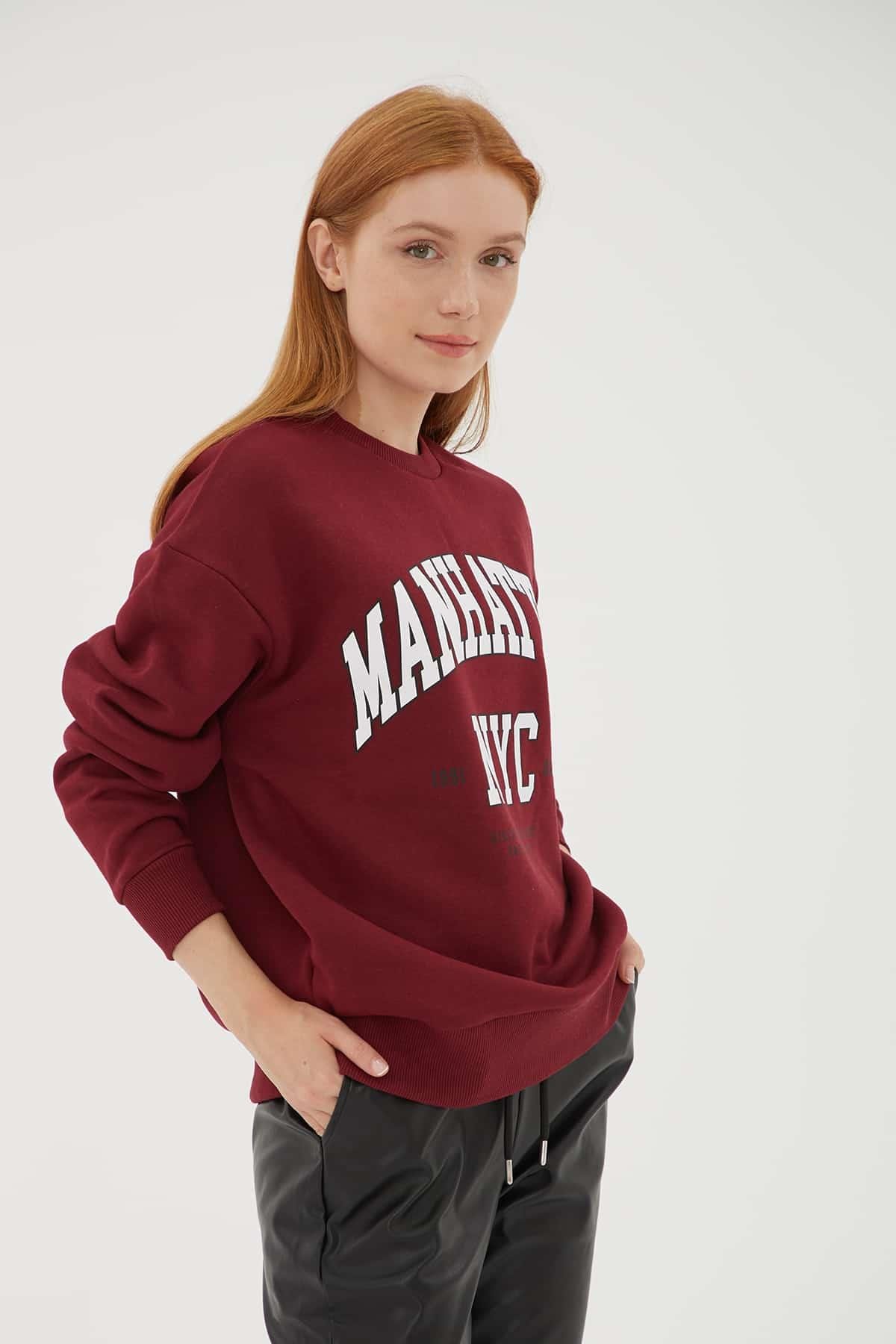Bisiklet Yaka Baskılı Sweat Bordo | Fashion Friends