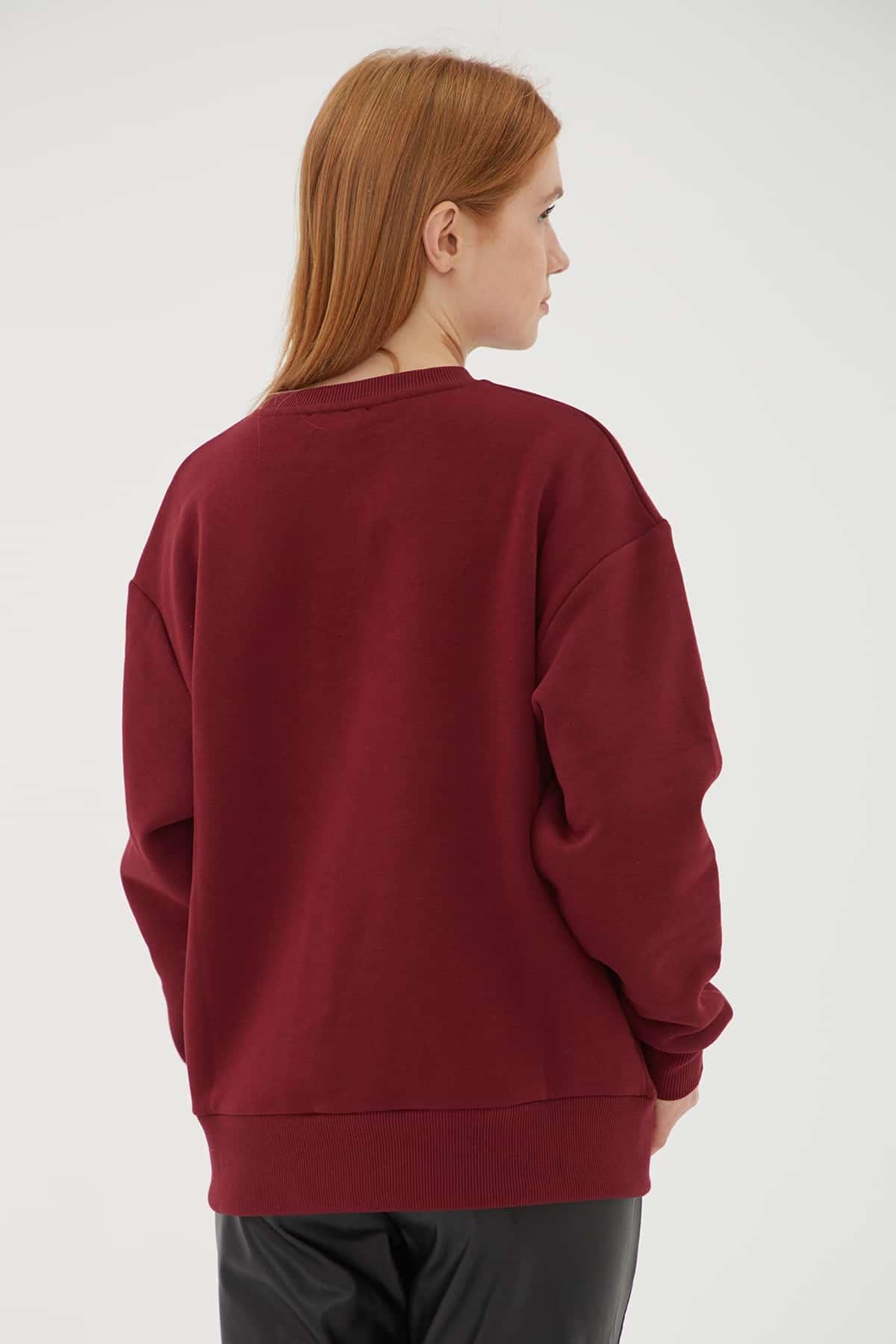 Bisiklet Yaka Baskılı Sweat Bordo | Fashion Friends