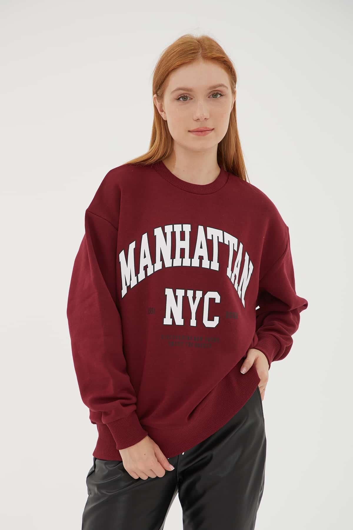 Bisiklet Yaka Baskılı Sweat Bordo | Fashion Friends