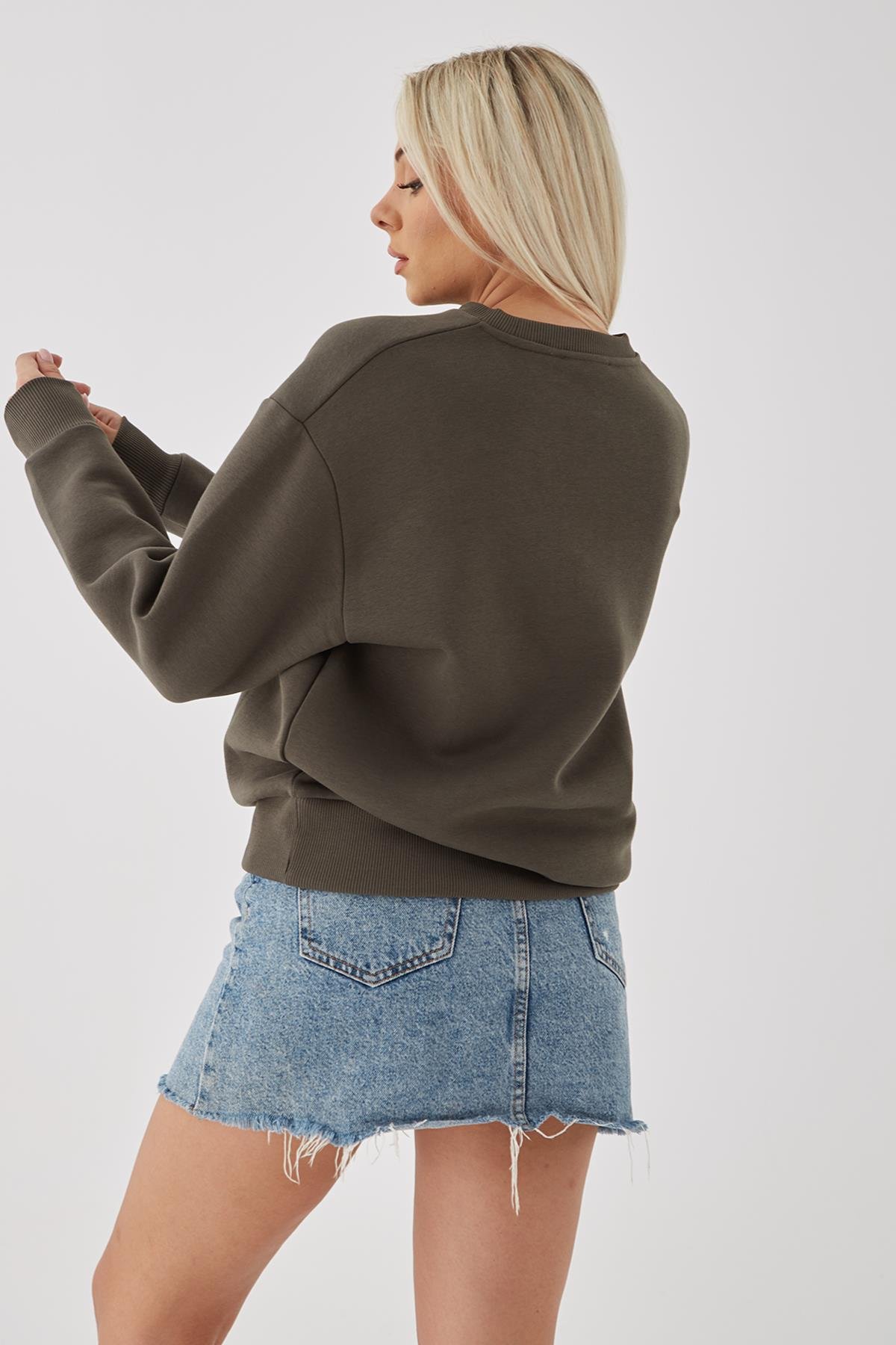 Bisiklet Yaka Baskılı Sweat Haki | Fashion Friends