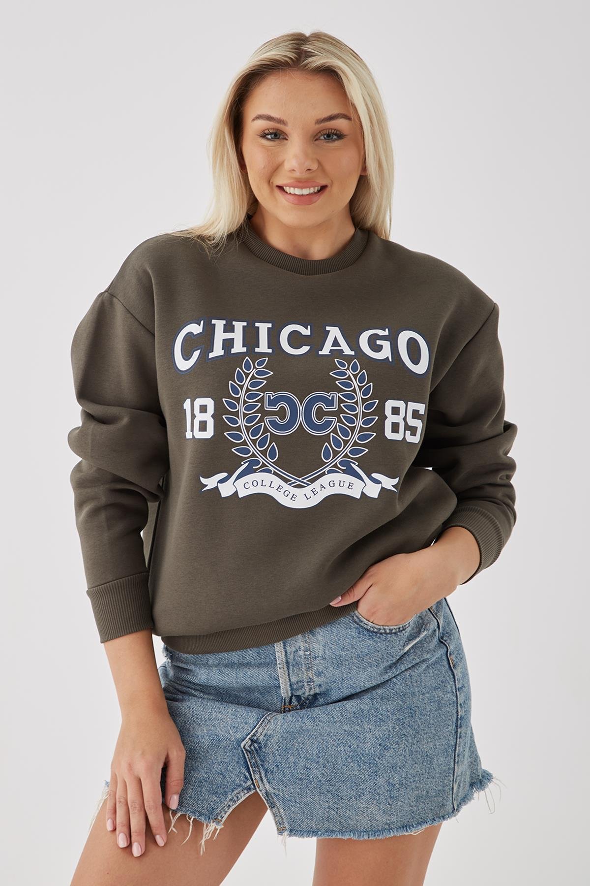 Bisiklet Yaka Baskılı Sweat Haki | Fashion Friends