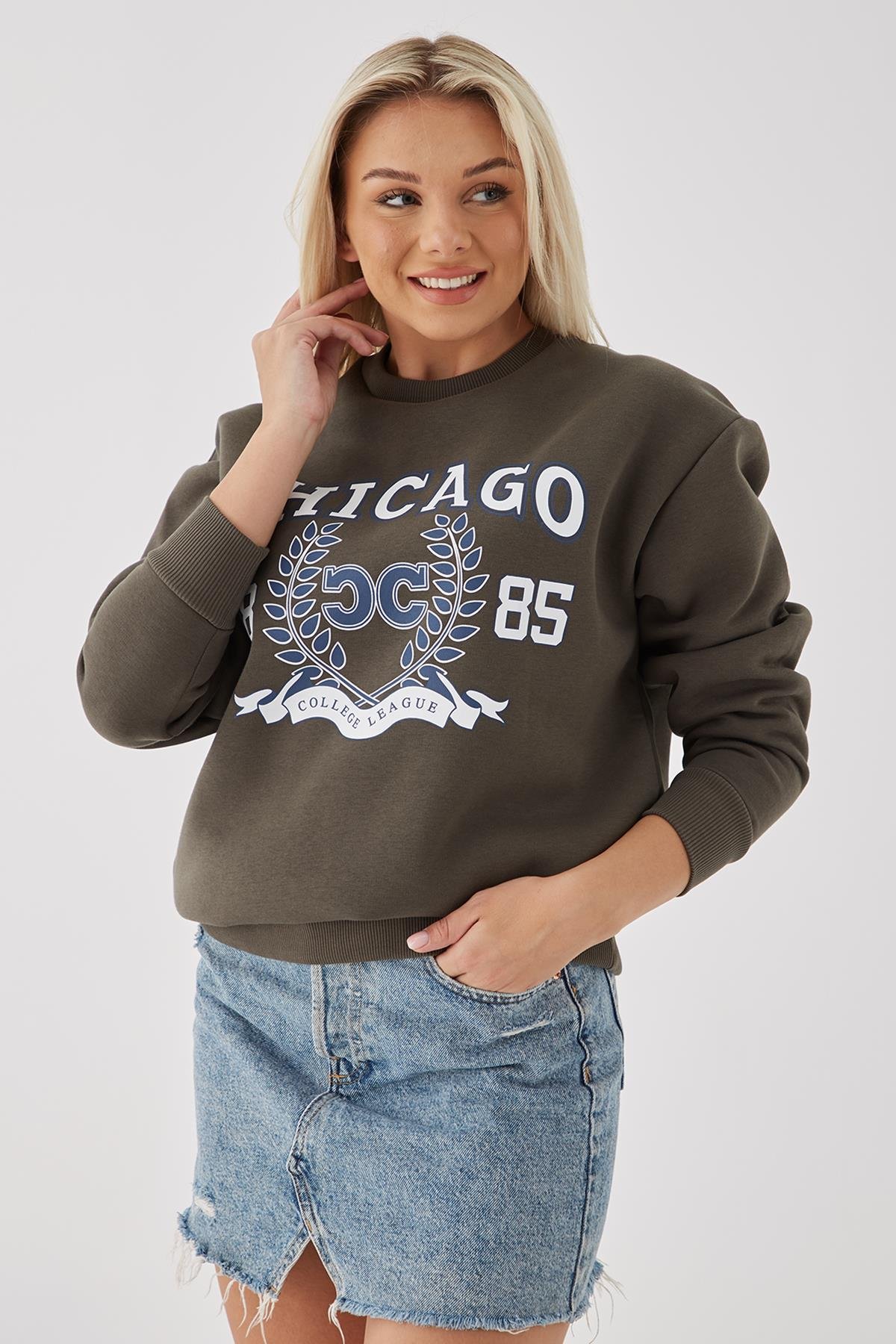 Bisiklet Yaka Baskılı Sweat Haki | Fashion Friends