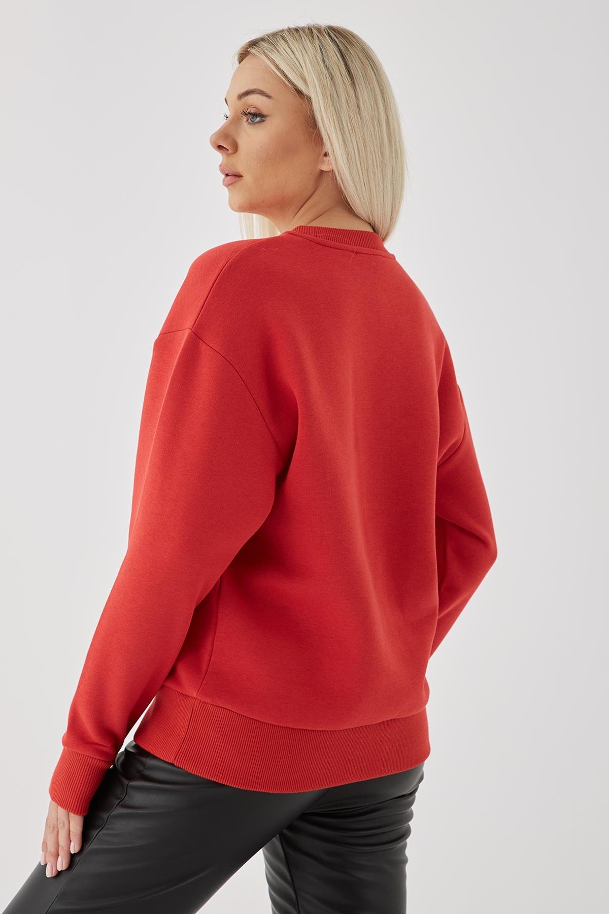 Bisiklet Yaka Baskılı Sweat Kırmızı | Fashion Friends