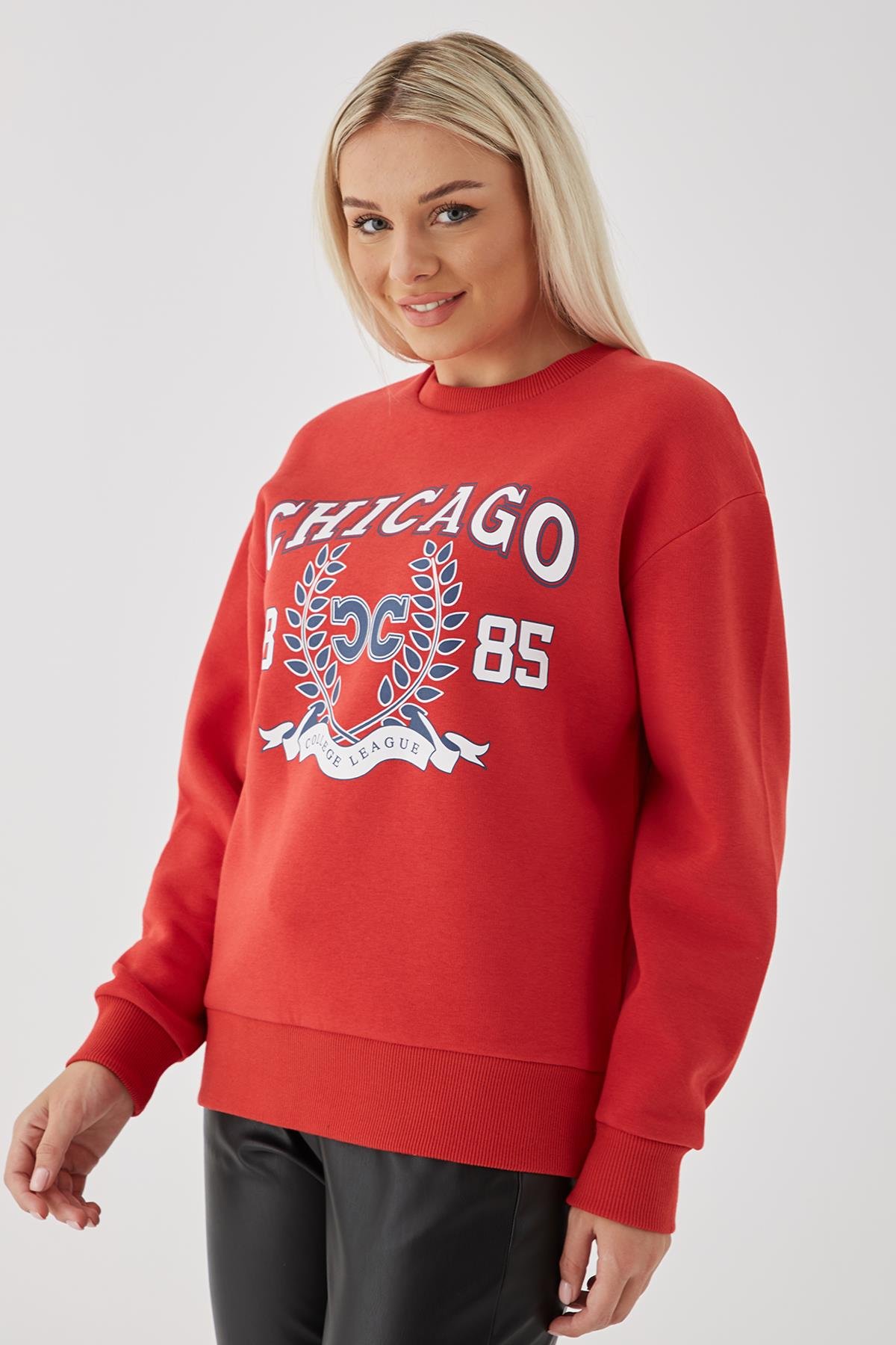 Bisiklet Yaka Baskılı Sweat Kırmızı | Fashion Friends
