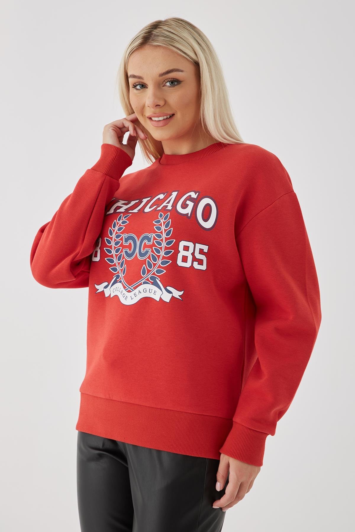 Bisiklet Yaka Baskılı Sweat Kırmızı | Fashion Friends