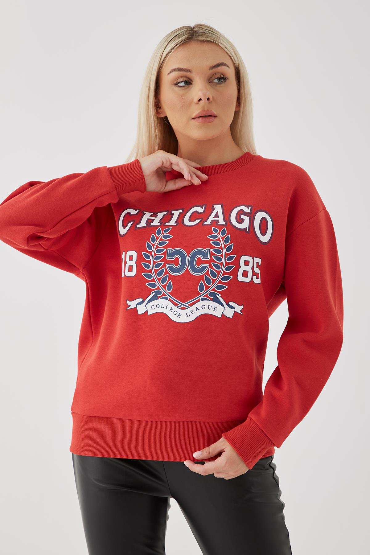 Bisiklet Yaka Baskılı Sweat Kırmızı | Fashion Friends