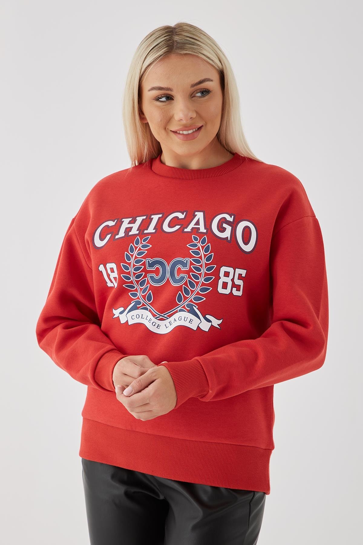 Bisiklet Yaka Baskılı Sweat Kırmızı | Fashion Friends