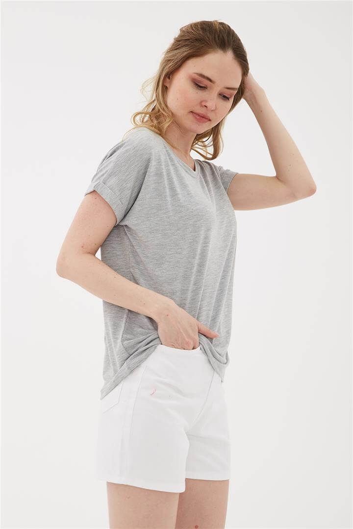 Bisiklet Yaka Bluz Gri Melanj | Fashion Friends