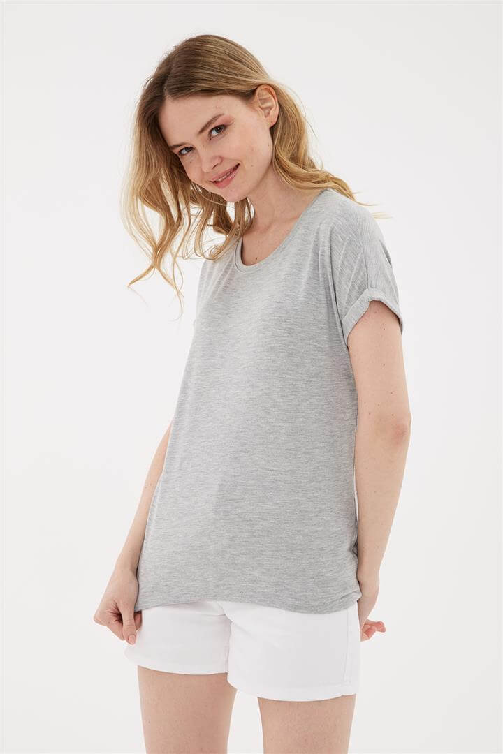 Bisiklet Yaka Bluz Gri Melanj | Fashion Friends