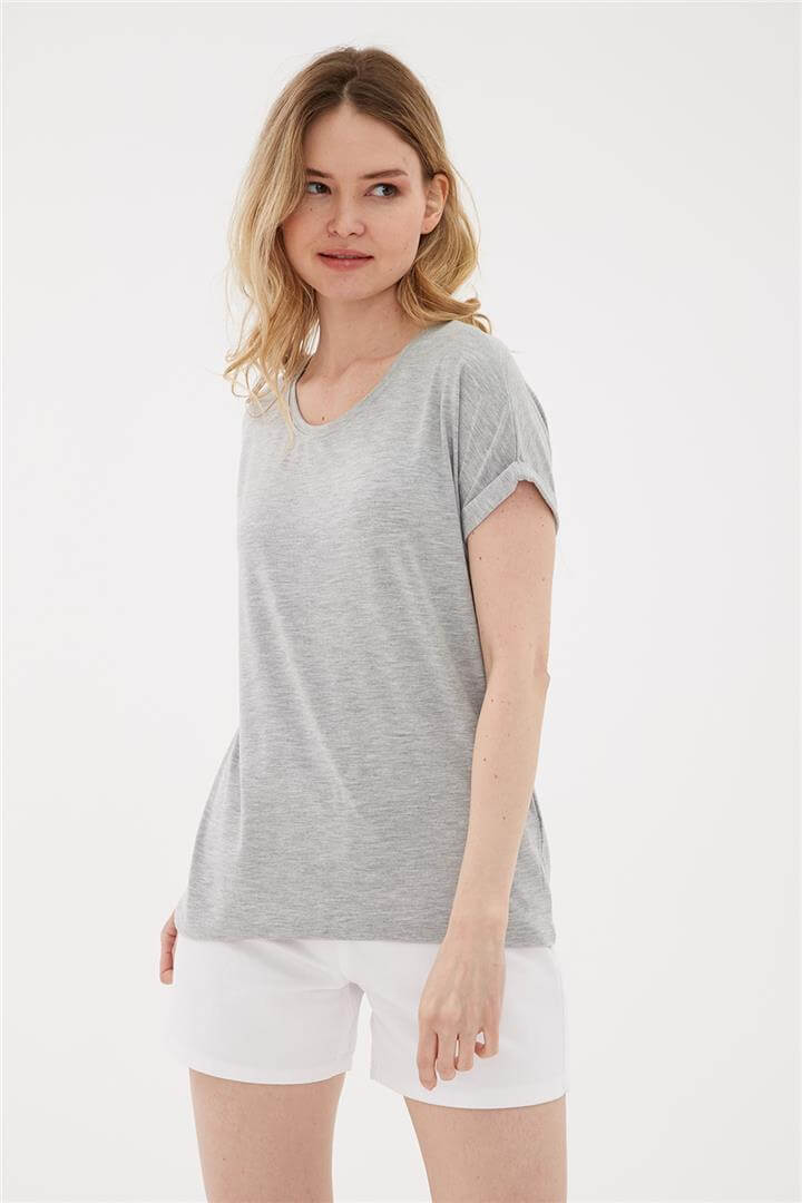 Bisiklet Yaka Bluz Gri Melanj | Fashion Friends