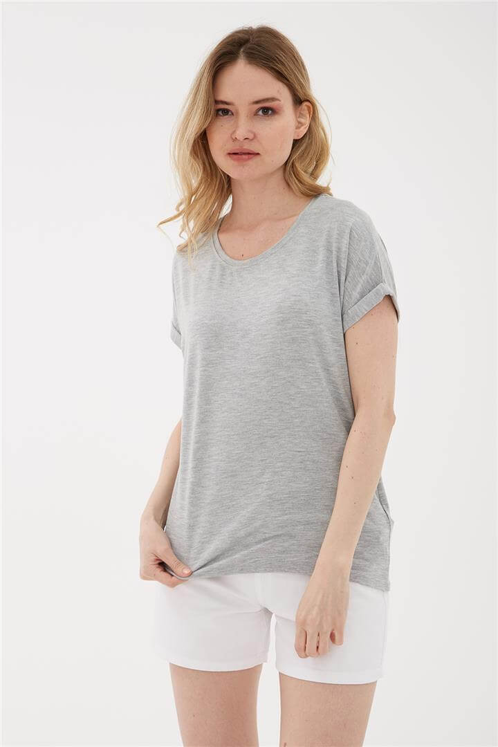 Bisiklet Yaka Bluz Gri Melanj | Fashion Friends