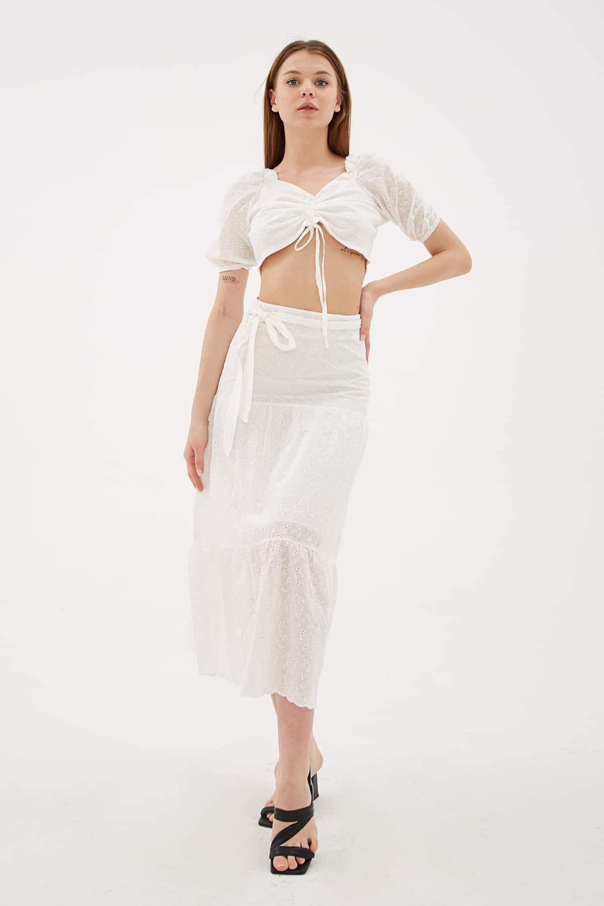 Büzgülü Crop Bluz Ekru | Fashion Friends