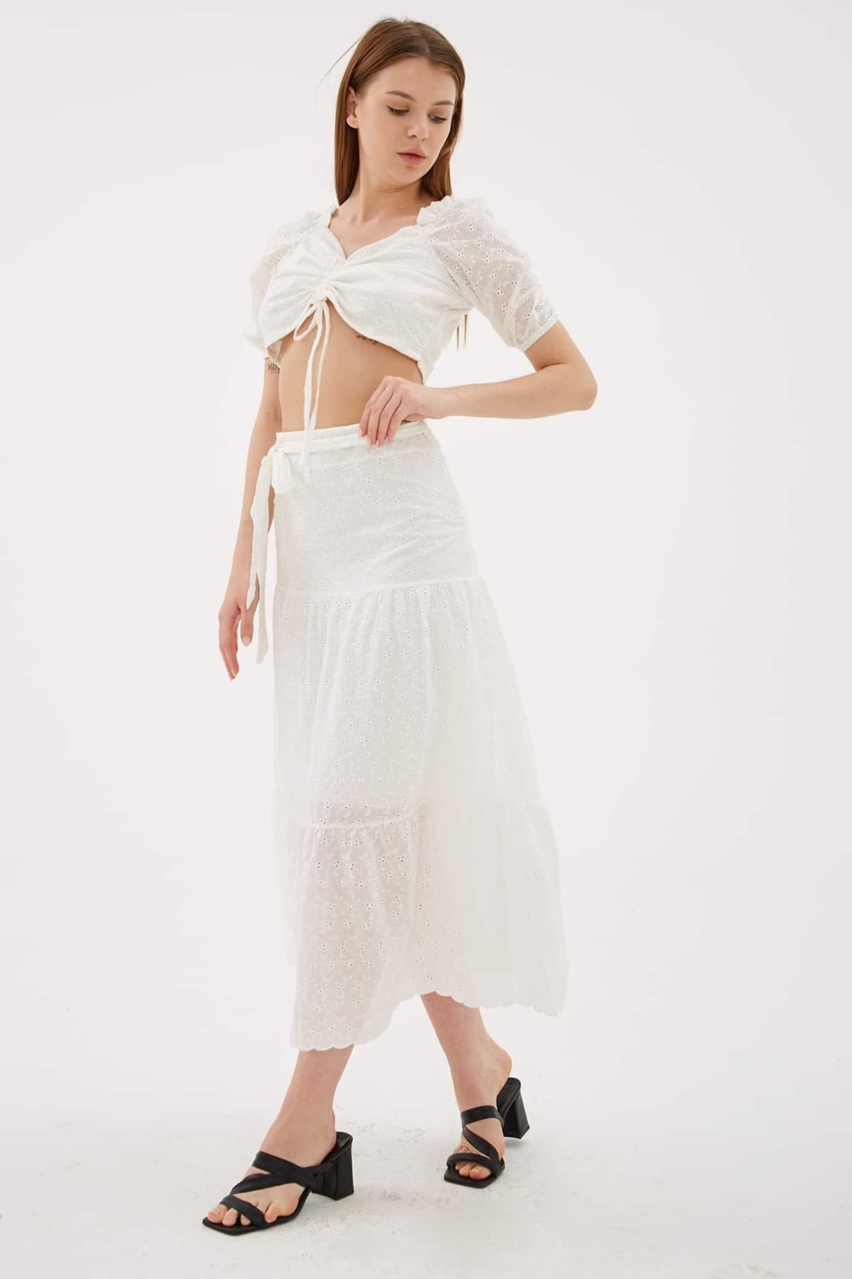 Büzgülü Crop Bluz Ekru | Fashion Friends