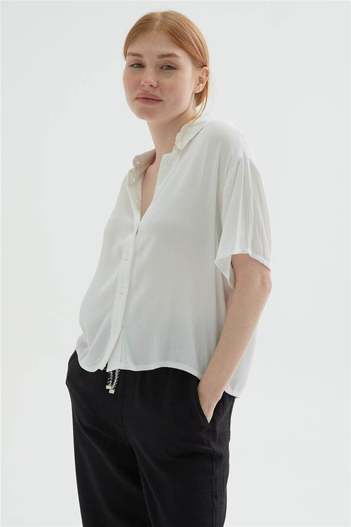 Desenli Crop Gömlek Ekru | Fashion Friends