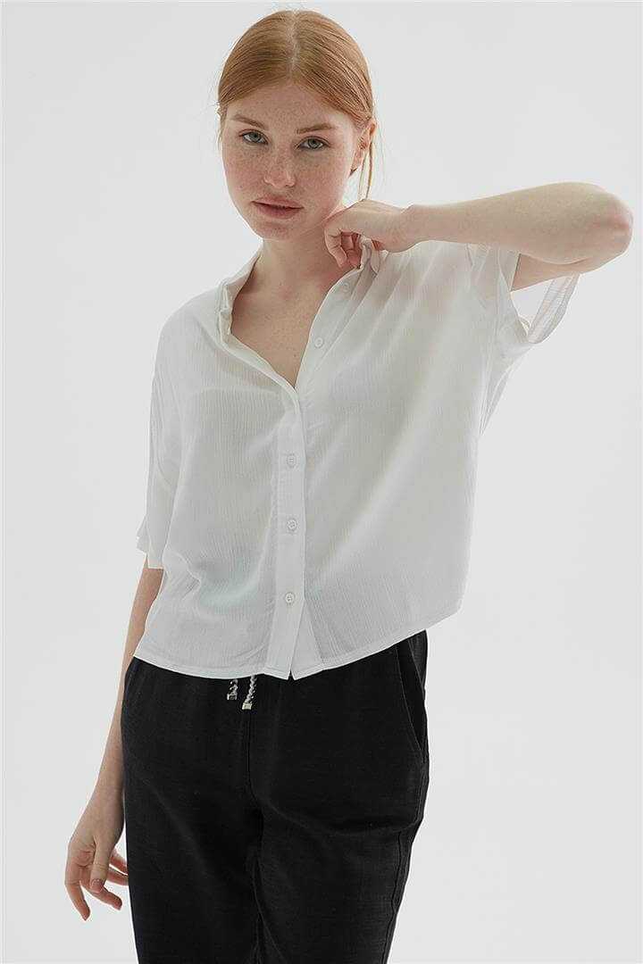 Desenli Crop Gömlek Ekru | Fashion Friends
