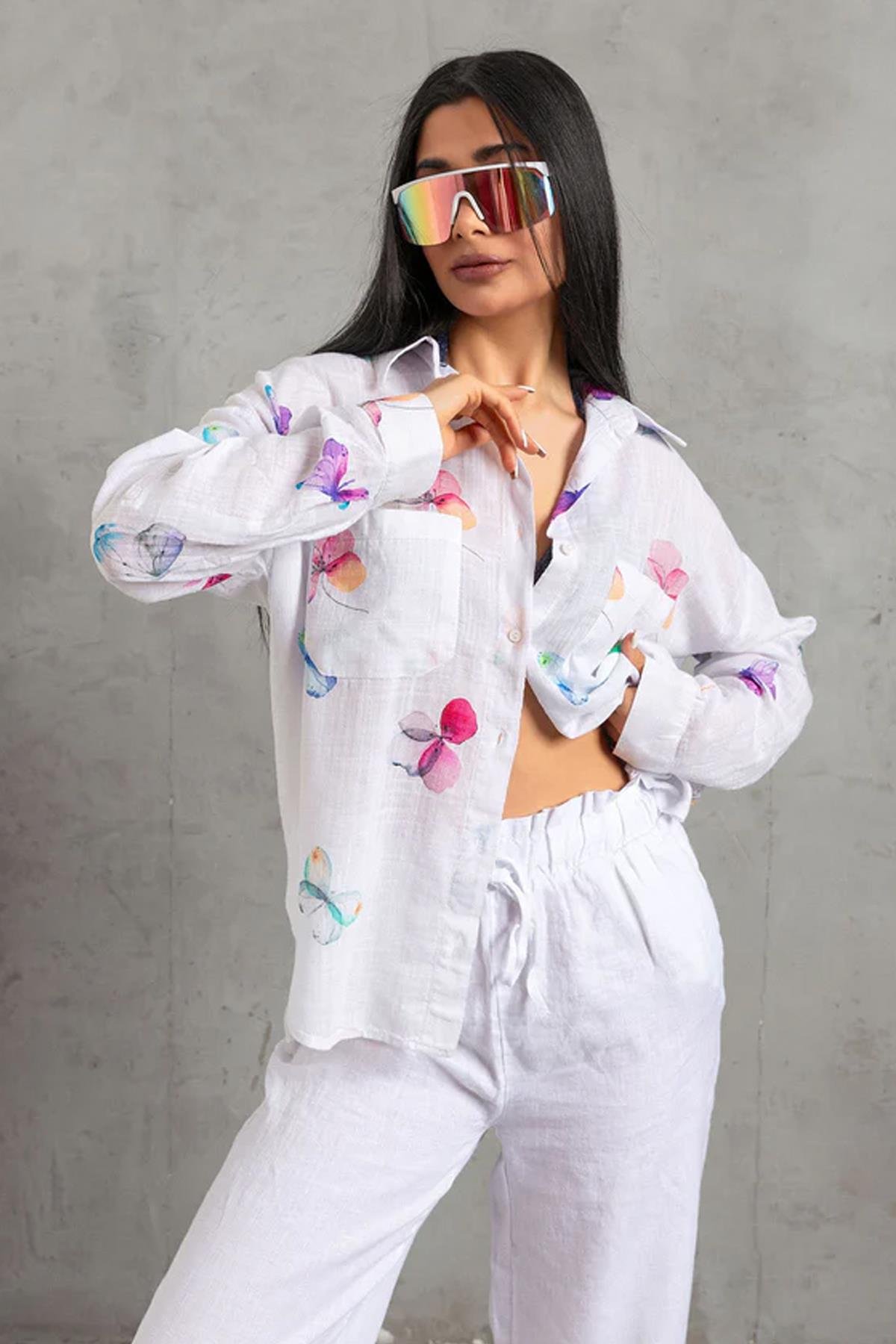 Desenli Gömlek Beyaz | Fashion Friends