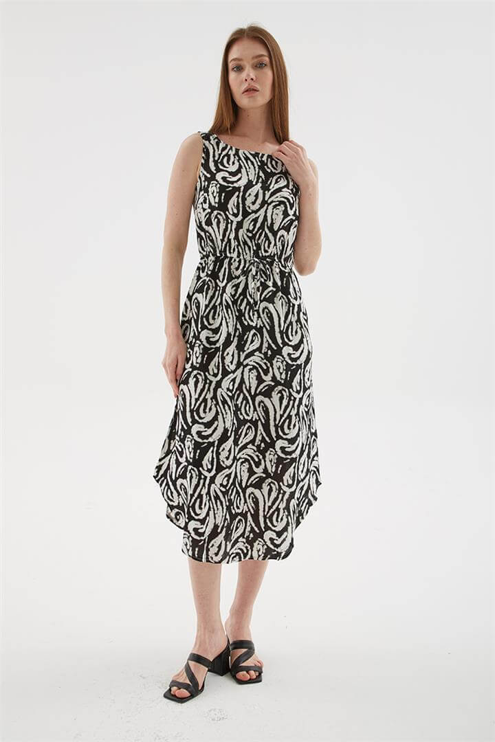 Desenli Viskon Elbise Siyah | Fashion Friends