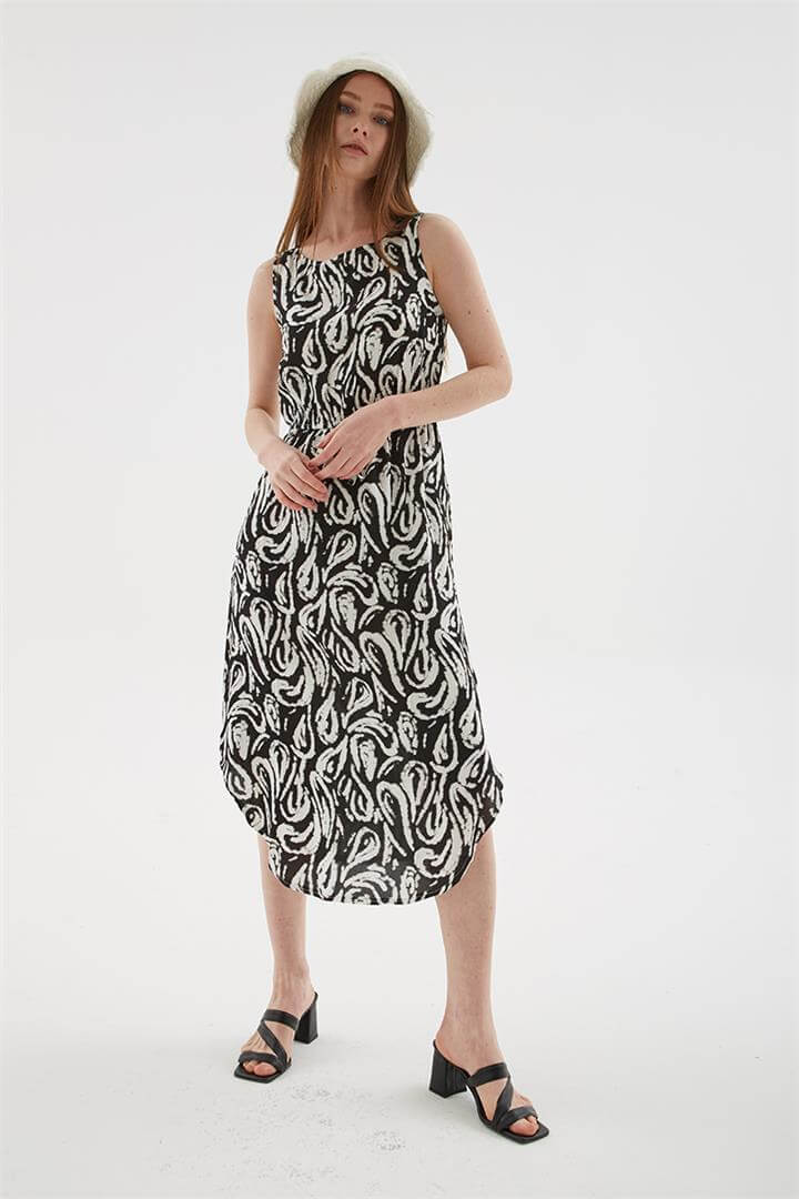 Desenli Viskon Elbise Siyah | Fashion Friends