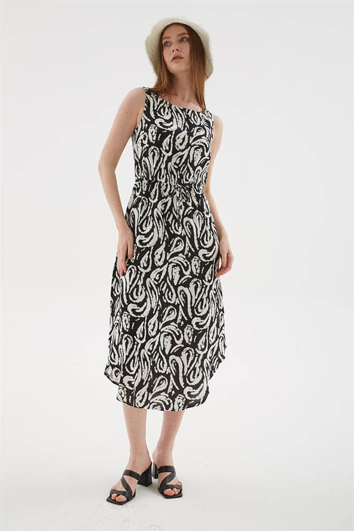 Desenli Viskon Elbise Siyah | Fashion Friends